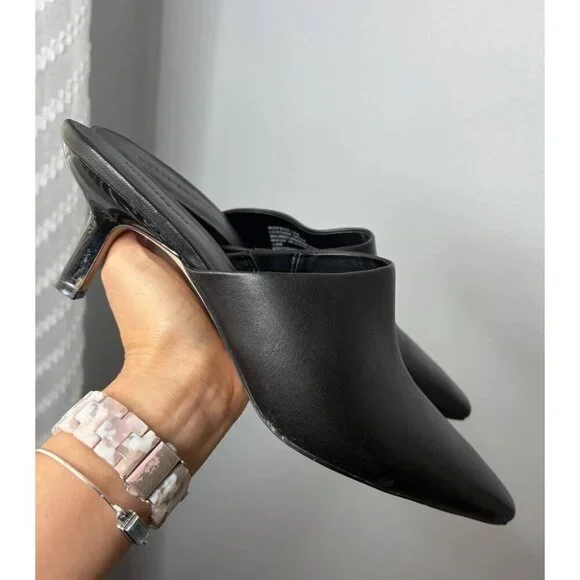 Nordstrom Nofriss-Lea Soft Leather Kitten Heel Mules Women 10M Black Pointed Toe - Picture 2 of 5